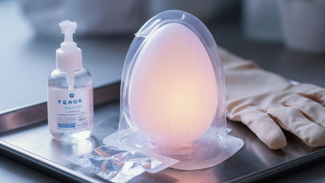 Makro záběr sterilního silikonového Tenga vajíčka v jednorázovém obalu s rukavicemi.