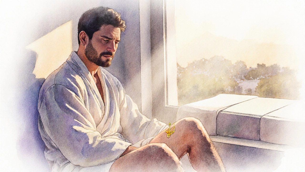 Muž sedí v klidu při ranním světle, oči zavřené, pocit hlubokého uvolnění a vnitřního klidu.