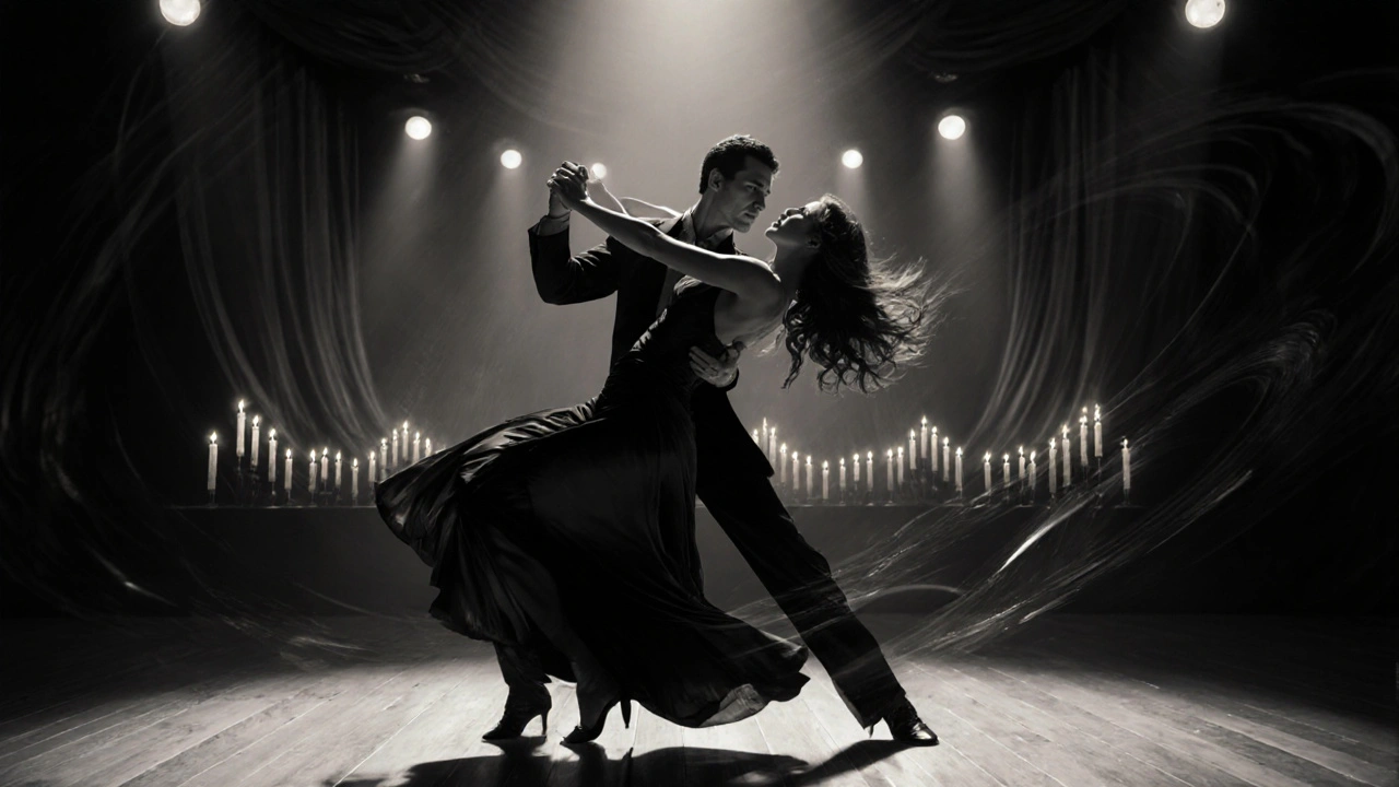 Pár tančí vášnivý tango na dřevěné podlaze pod dramatickým osvětlením.