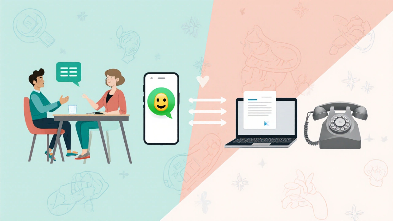 Různé způsoby komunikace – osobní rozhovor, mobil, e‑mail a telefon.