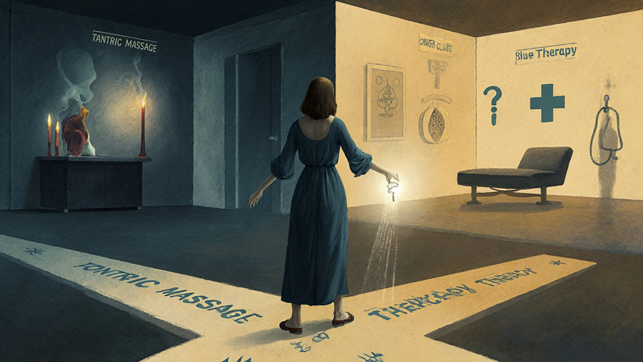 Žena na rozcestí mezi mystickou masáží a vědeckou léčbou, volí lékařskou cestu.