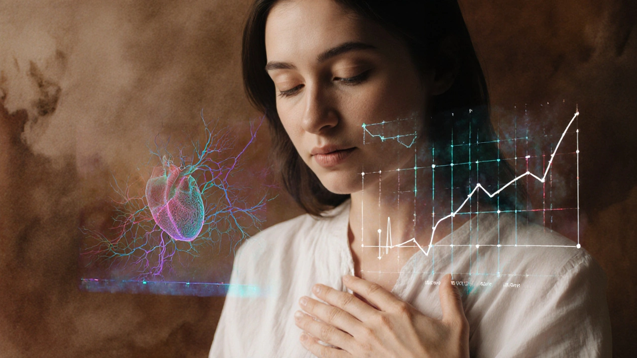 Žena se dotýká břicha, viditelné jsou biologické procesy zvyšující libido.