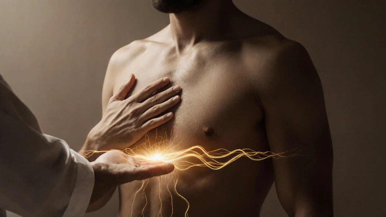 Zlaté energetické vlny se šíří tělem muže, ruka maséru se k němu přibližuje, ale nekouká na něj.