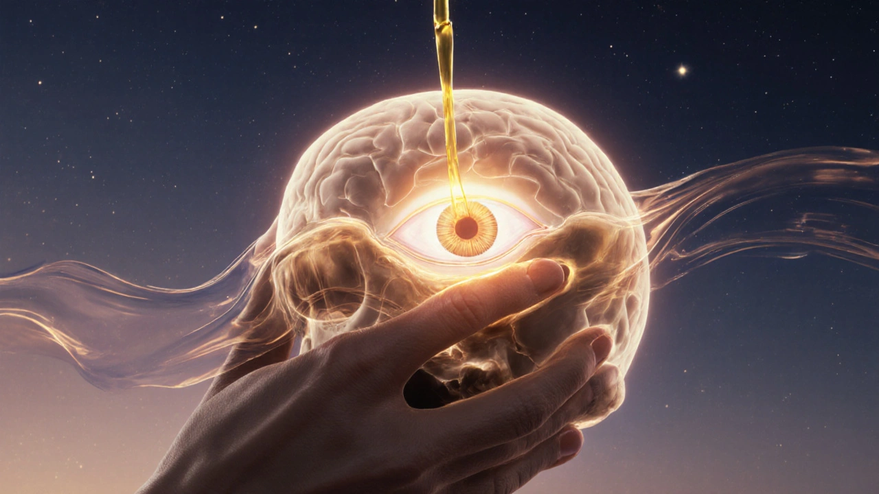 Abstraktní znázornění epifýzy v mozku, osvětlené teplým zlatým světlem z oleje.