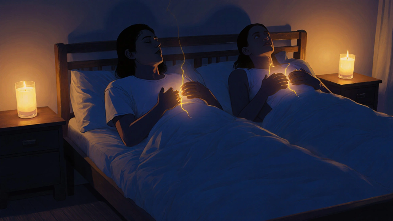 Dva lidé leží vedle sebe, jejich dech je synchronizovaný, atmosféra klidu a spojení.