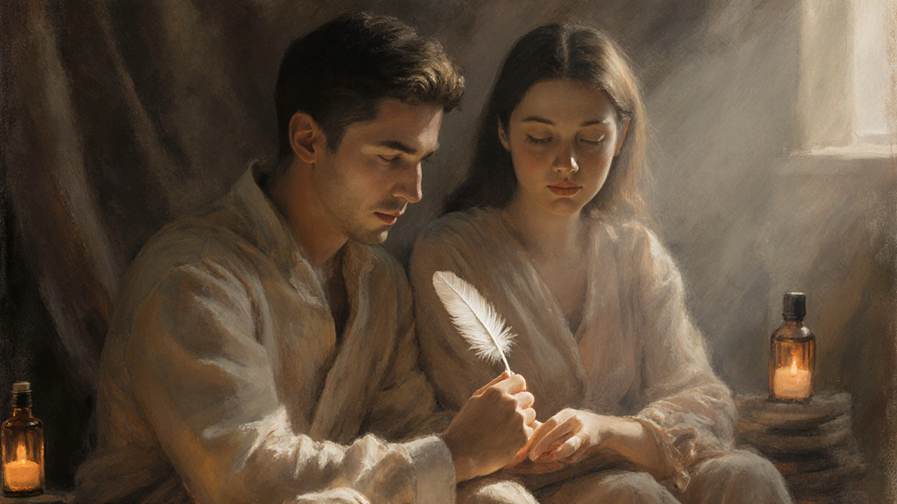 Dva partneři se dotýkají rukou a peřím, oba klidní, v tichém, teplém prostředí.