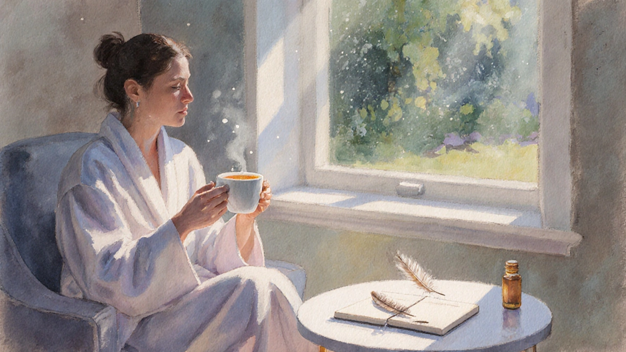 Klient sedí po masáži, obalený v plátně, pije čaj a dívá se do zahrady.