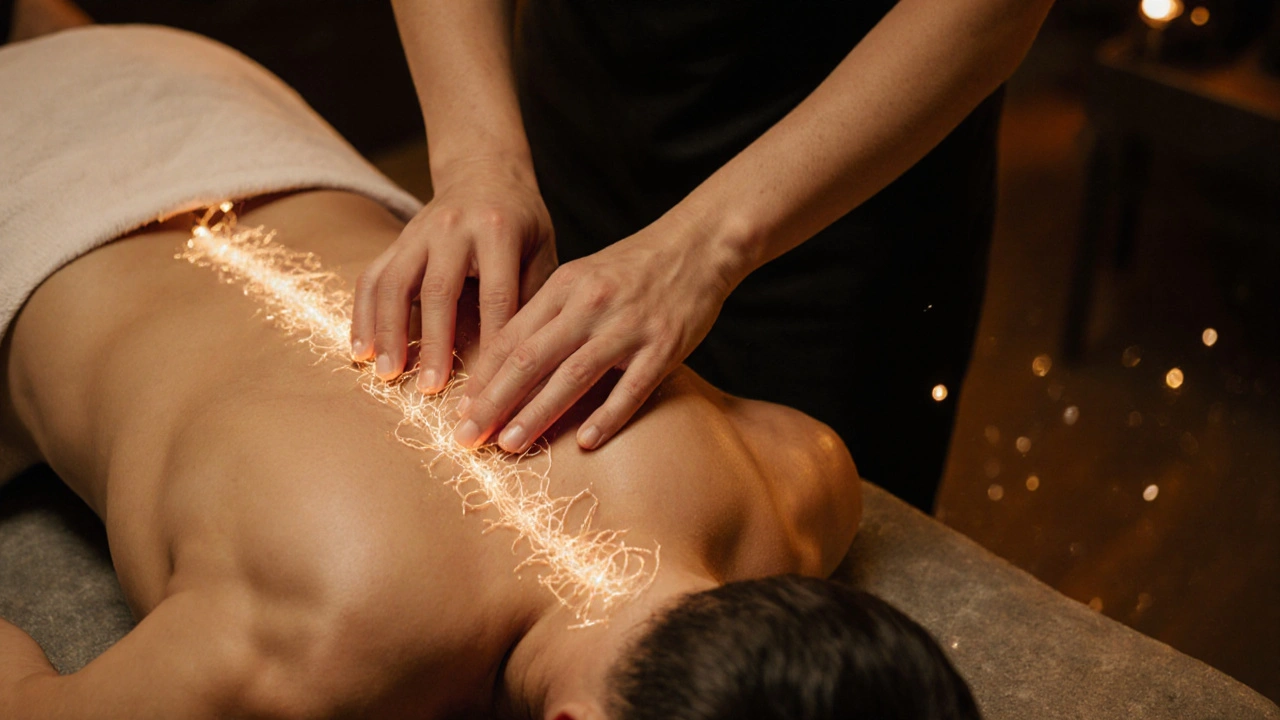 Masér jemně hladí záda klienta, z těla stoupá světelná energie směrem k hlavě.