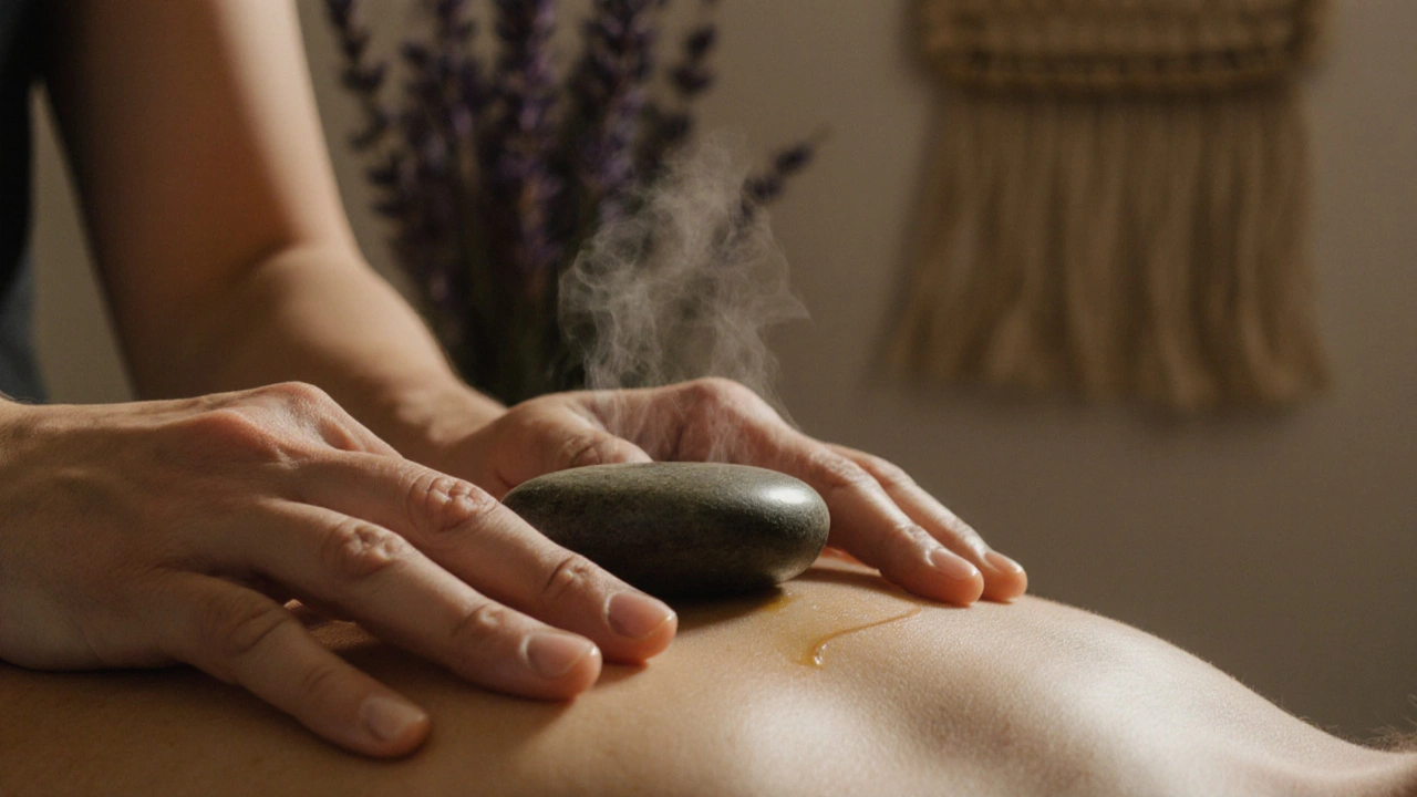 Ruce maséře drží teplý kámen na kůži, kde se olej jemně rozšiřuje.