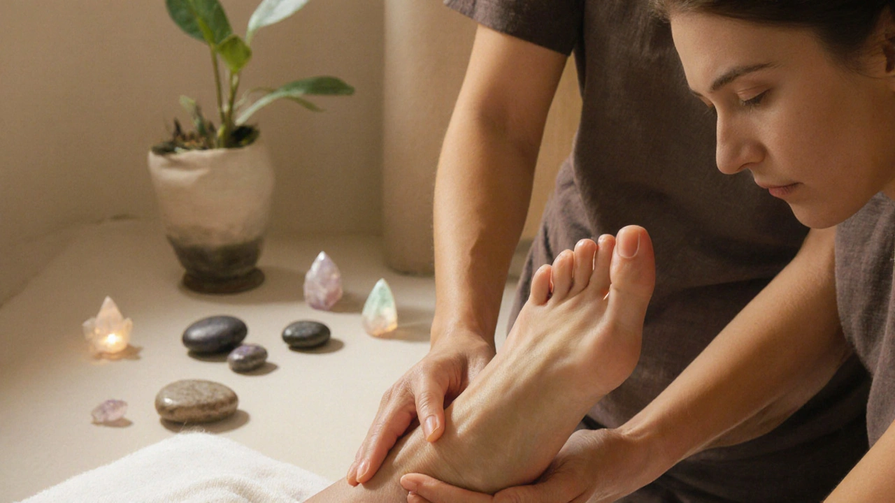 Ruce terapeuta jemně drží nohu klienta během terapeutické masáže, zaměřeno na spojení a klid.