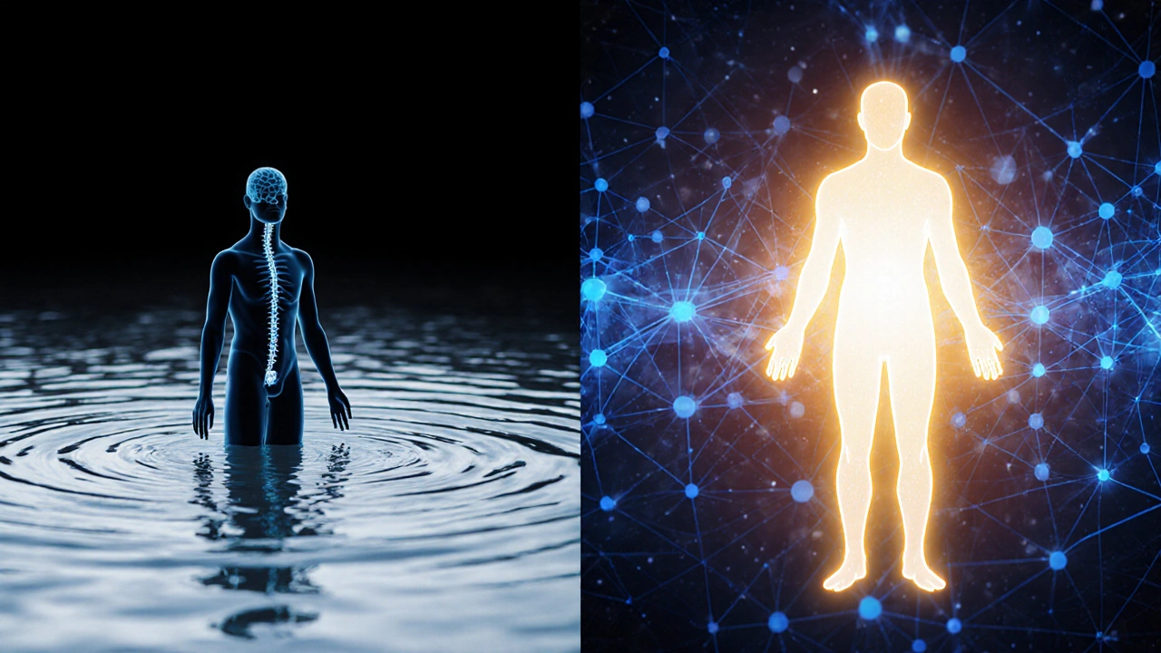 Symbolická představa dvou terapeutických přístupů: klidný tok a vnitřní světlo spojené s nervovým systémem.