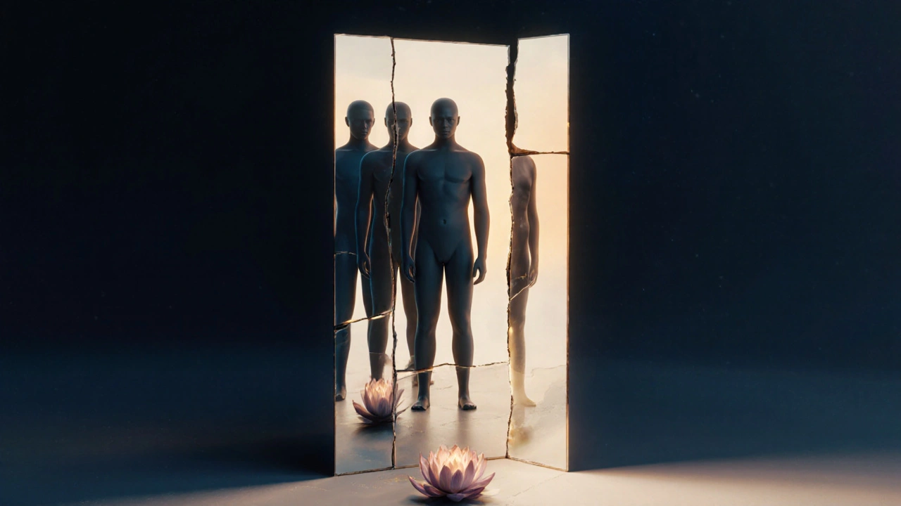 Symbolický obraz rozbitého zrcadla, kde se strach a hanba mění v klid a uzdravení.