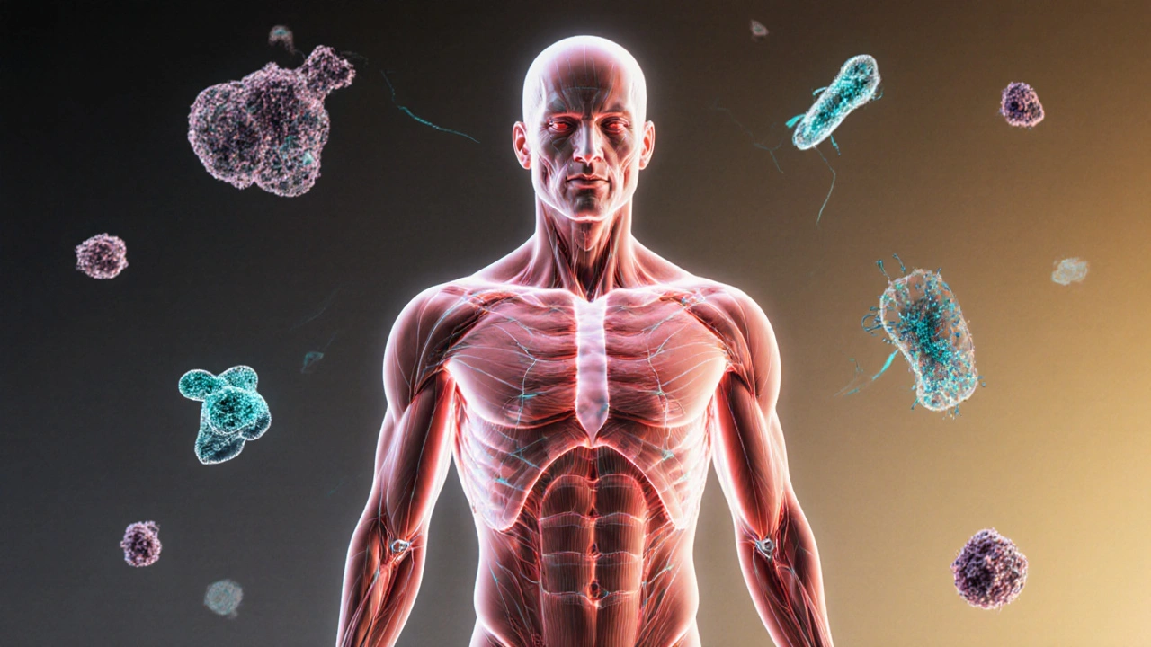 Tělo září vnitřním světlem, symbolizující zvýšený krevní tok a regeneraci tkání.