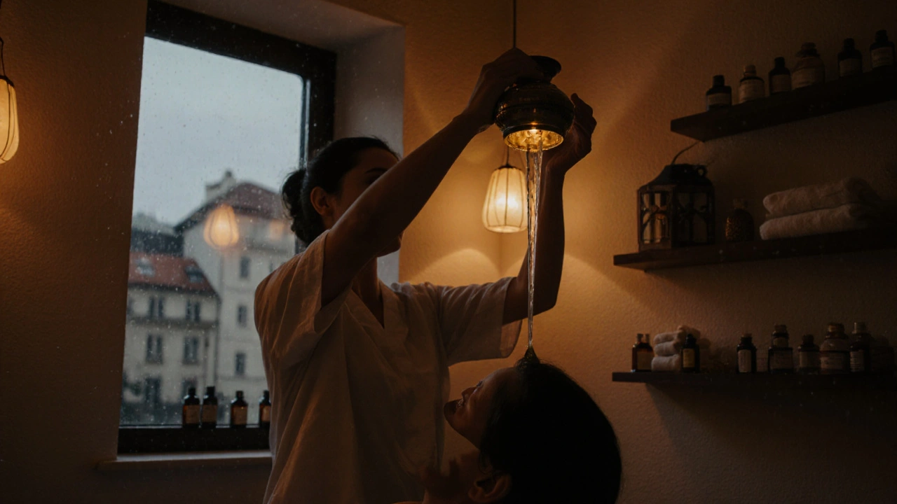 Tichá místnost v Praze s terapeutem provádějícím shirodharu při slabém světle.