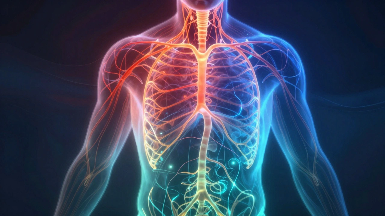 Abstraktní znázornění nervového systému přecházejícího z napětí do klidu s důrazem na krk, ramena a boky.