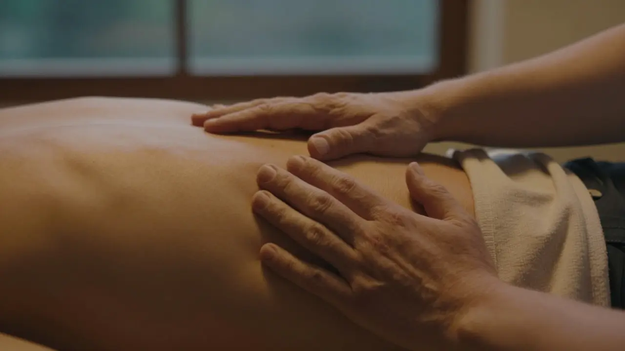 Dvě ruce: jedna leží na zádech, druhá na prsou — jemný dotek, bez cíle, jen důvěra a klid.