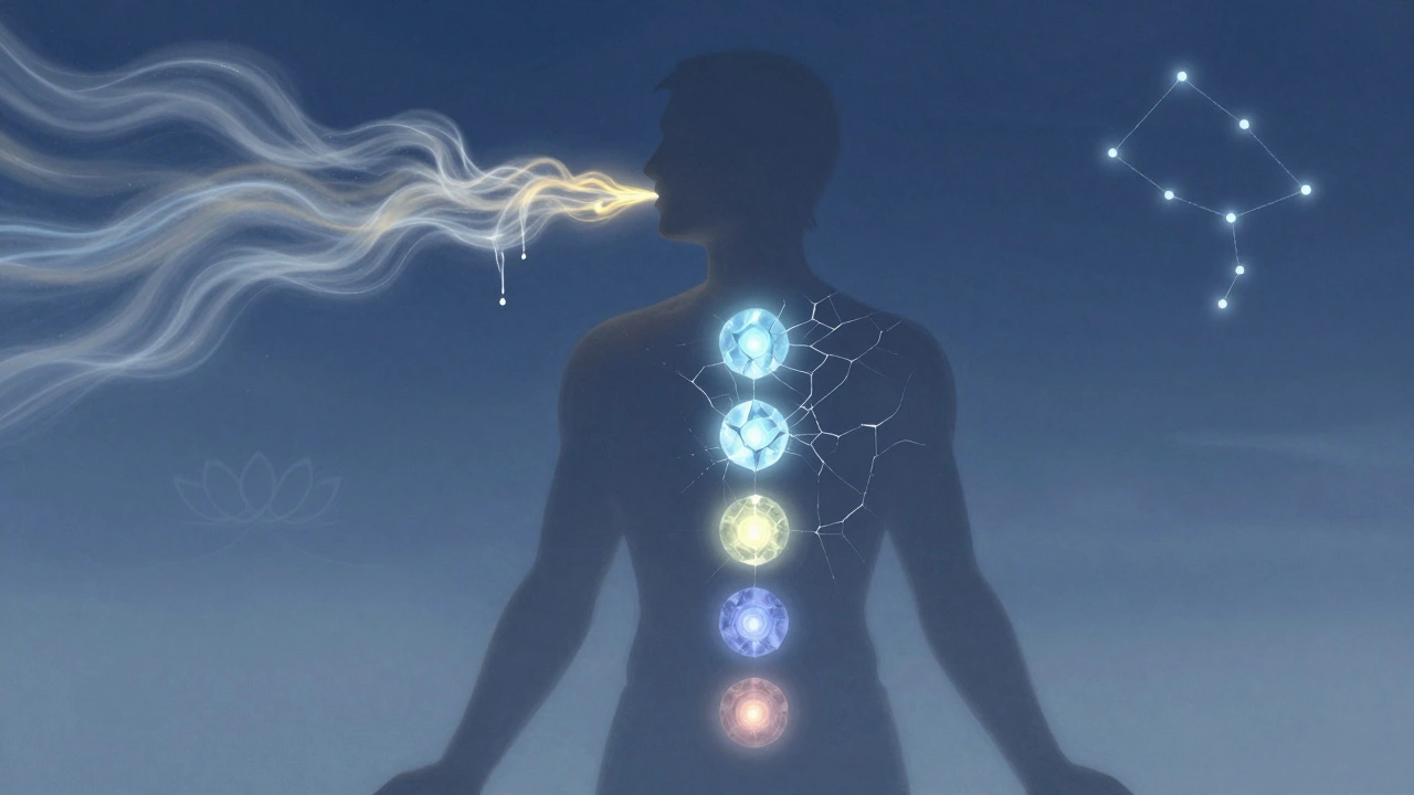 Lidský silueta s rozpadajícími se ledovými bloky v čakrách.