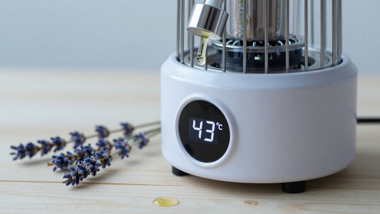 Ohřívač oleje s displejem 43°C a přírodní prvky symbolizující péči a rituál.