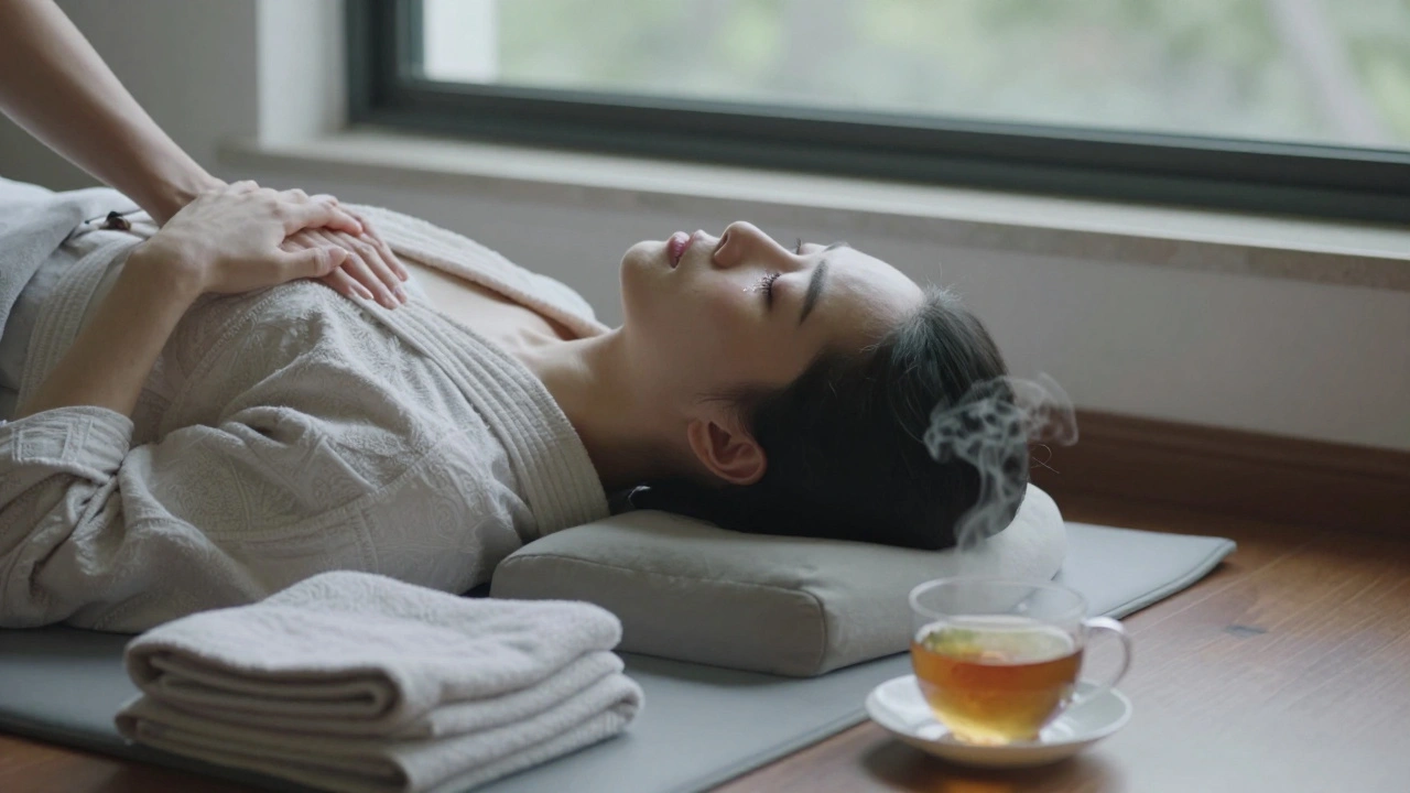 Osoba po tantrické masáži leží tiše, oči zavřené, jedna slza na tváři, ruce na prsou.