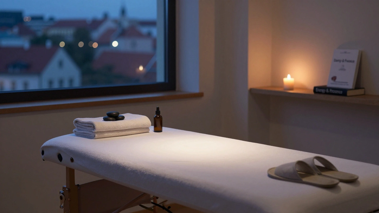 Prázdná masážní místnost s teplými kameny, olejem a svíčkou, připravená pro návštěvu.