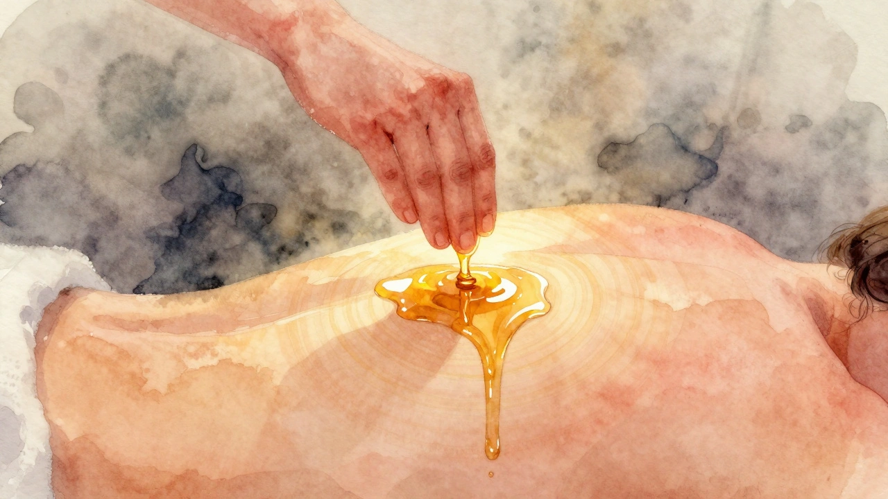 Ruka nalévá teplý olej po zádech, kde se olej rozšiřuje jako tekoucí slunce.