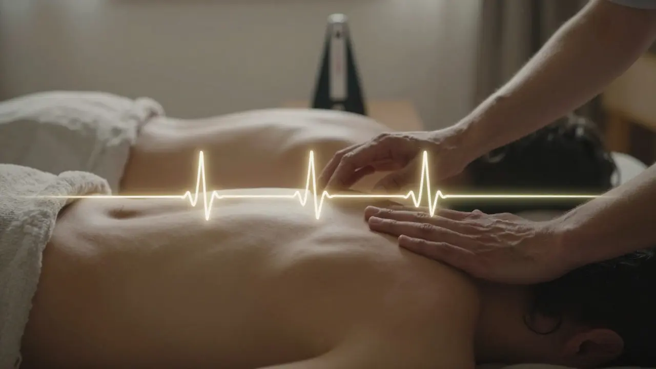 Dvojice v klidu, ruce jednoho partnera se pohybují po zádech druhého s jemným světelným sledem rychlosti doteku.