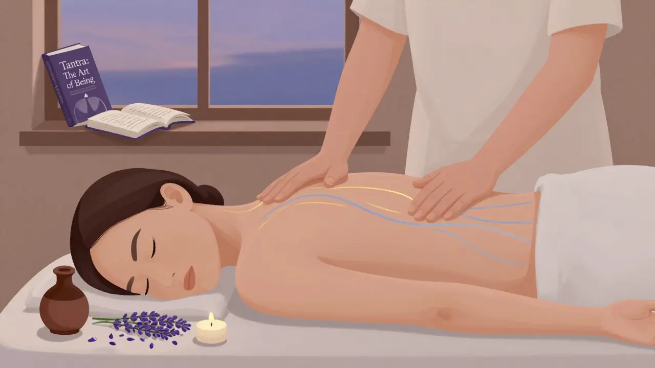 Terapeutova ruka nad zády klienta, okolo ní proudí energetické čáry, v pozadí svíčka a přírodní prvky v klidném pokoji.