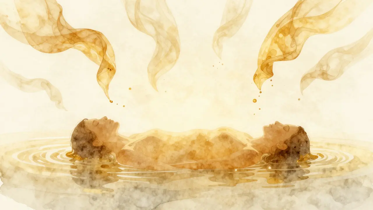 Abstraktní silueta těla v zlatém světle, obklopená plavajícími látkami a kapkami oleje, symbolizující uvolnění a přítomnost.