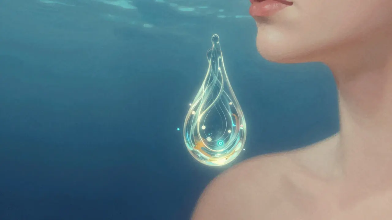 Kapka nuru gelu se mění v mořské řasy a lidský tvar, symbolizující přírodní původ a spojení těl.