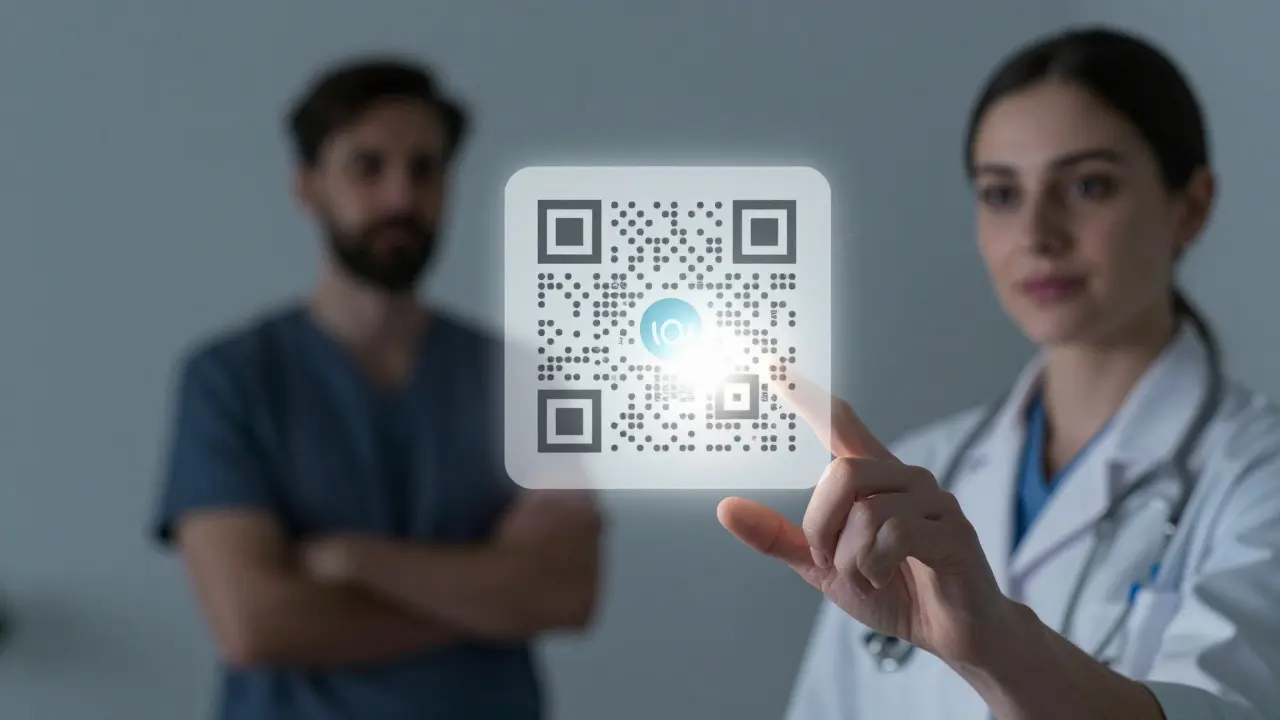 Klient skenuje QR kód na pomůcce, který zobrazuje historii dezinfekce.