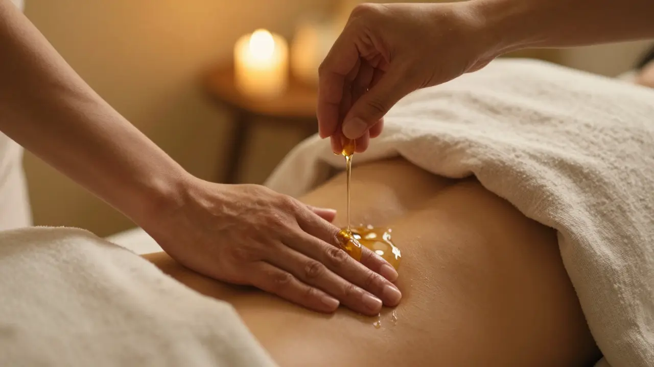 Ruce aplikující teplý kokosový olej na sakrální oblast těla, s jemnými tkaninami a měkkým světlem v pozadí.