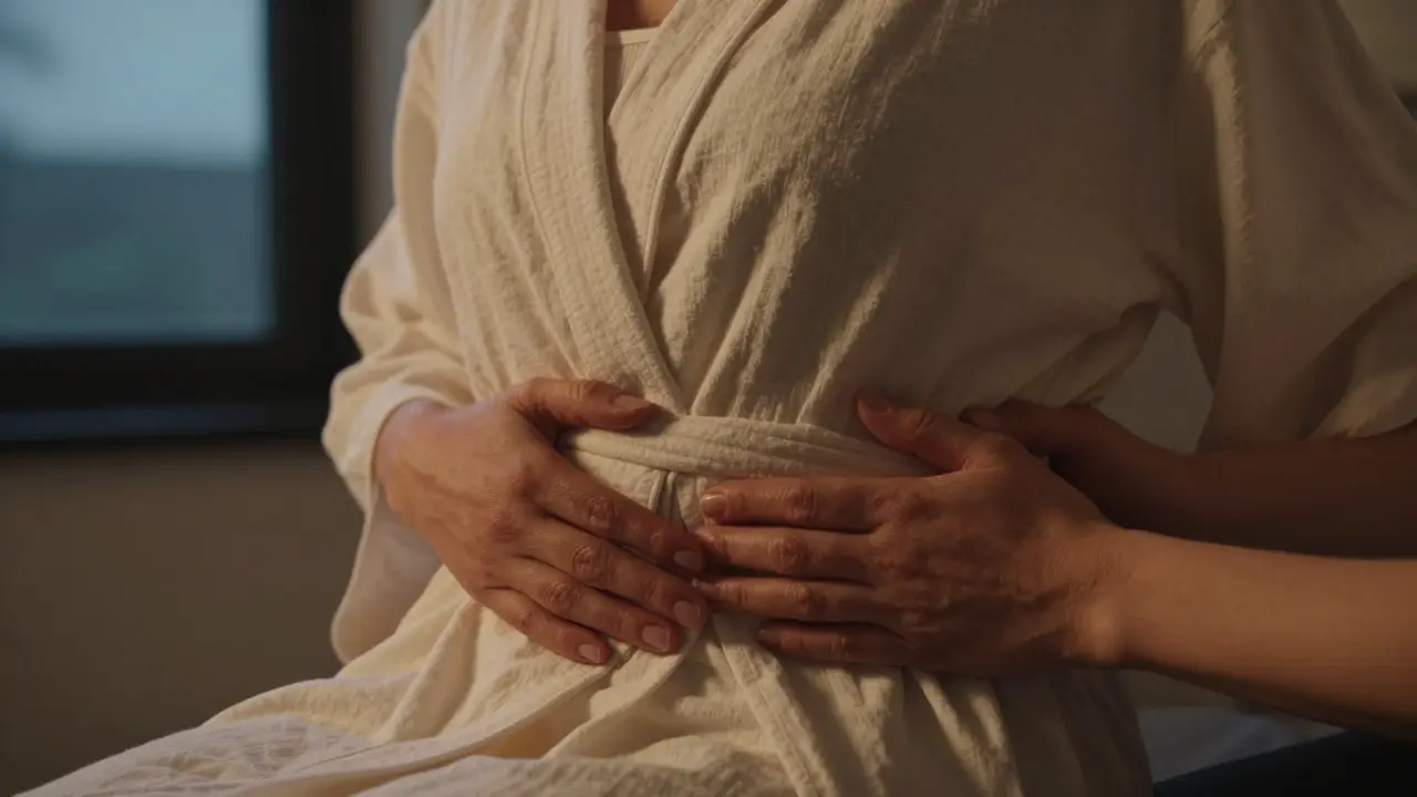 Ruce ženy leží na břiše, druhé ruce podporují hrudník — jemný dotek, teplé světlo, výraz klidu a úlevy.