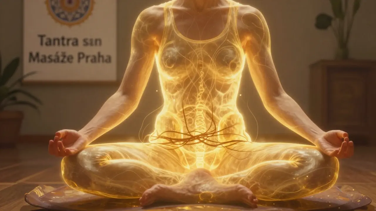 Symbolický obraz zlaté energie vycházející z pánve, která uvolňuje napětí a temné uzly.