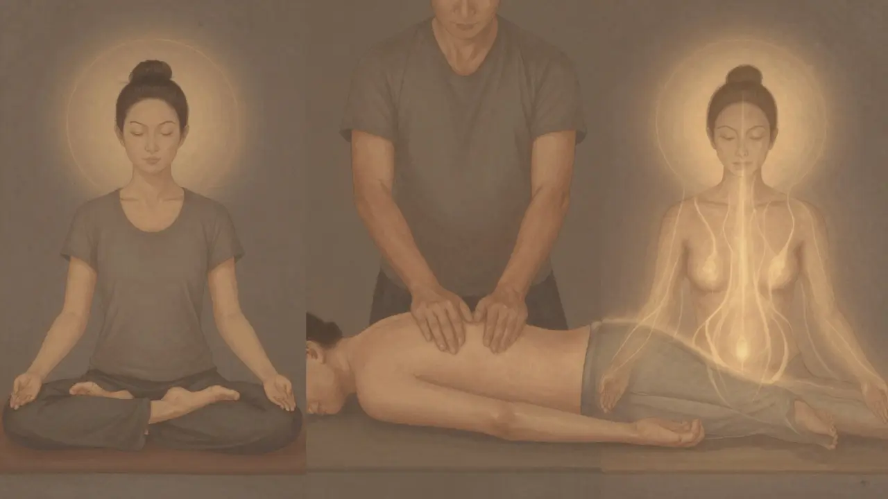 Three-panel artistic depiction of tantric massage phases: meditation, tension release, and energy flow.