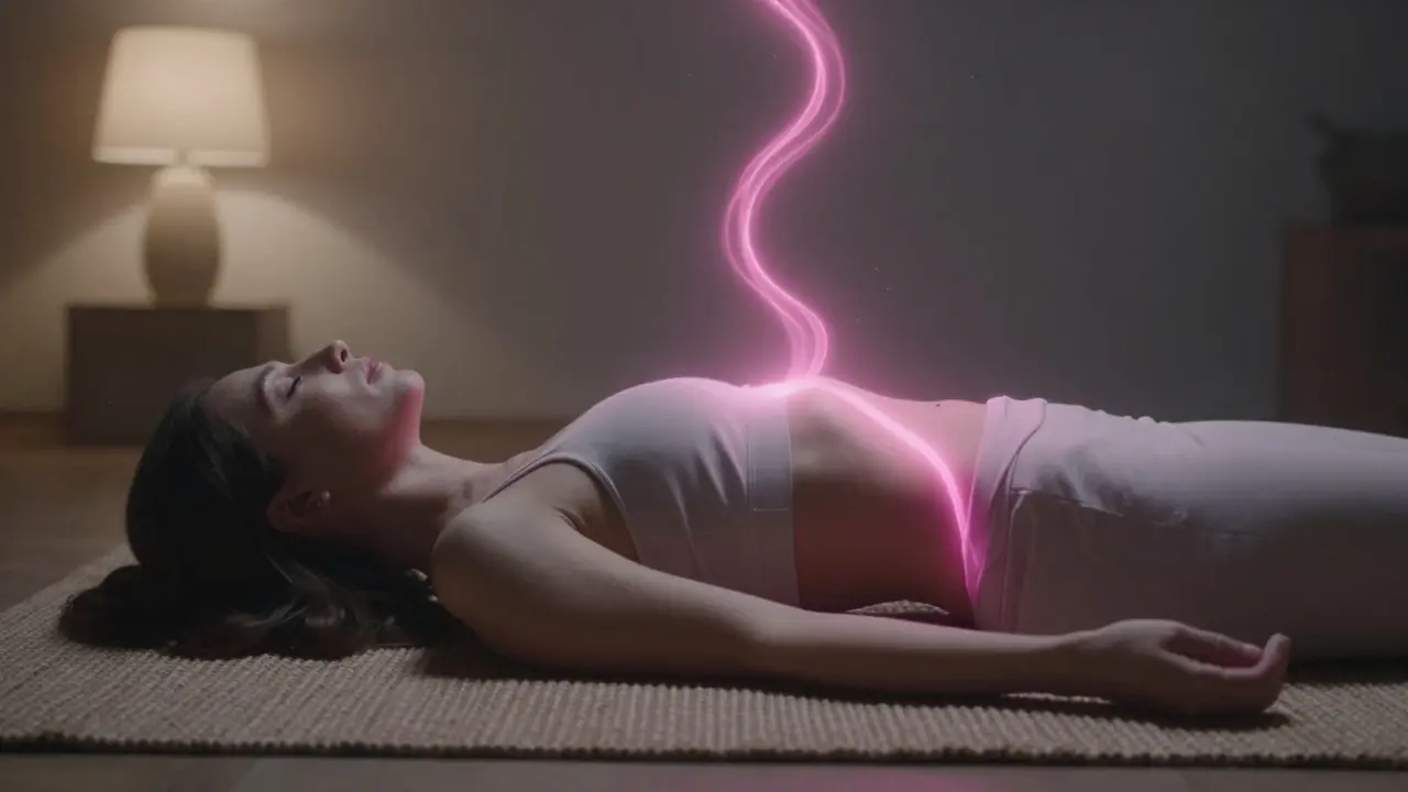 Žena leží na zádech, růžová energie proudí kruhem od pánve přes hlavu zpět dolů.