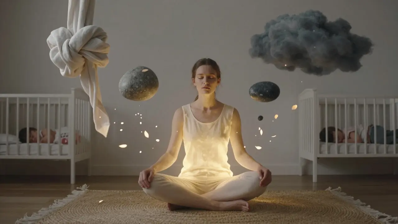 Žena sedí v meditaci, kolem ní se rozplynou napětí ve formě tmavých tvarů, zatímco světlo a květiny symbolizují obnovu.