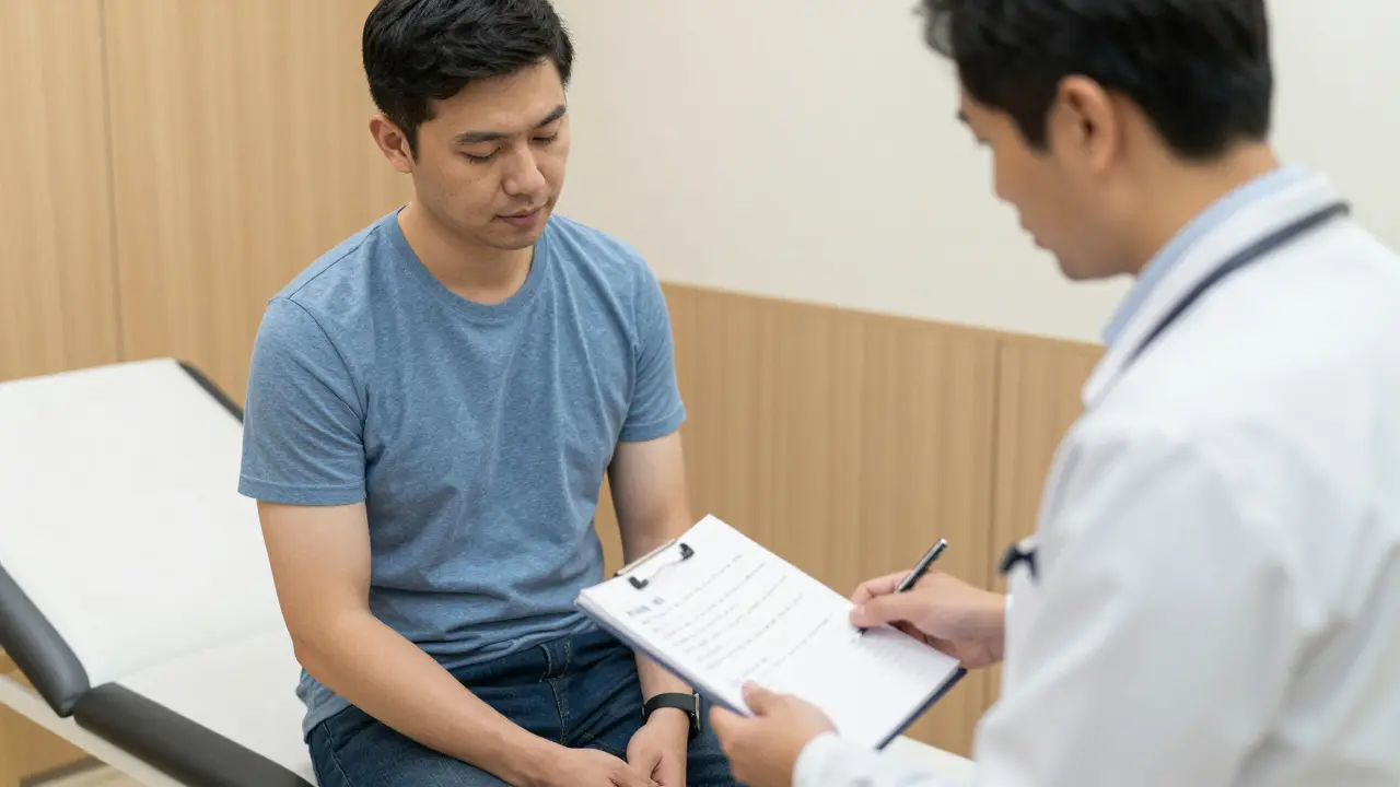 A man and urologist in a calm office setting, discussing mindfulness and safe sexual health.