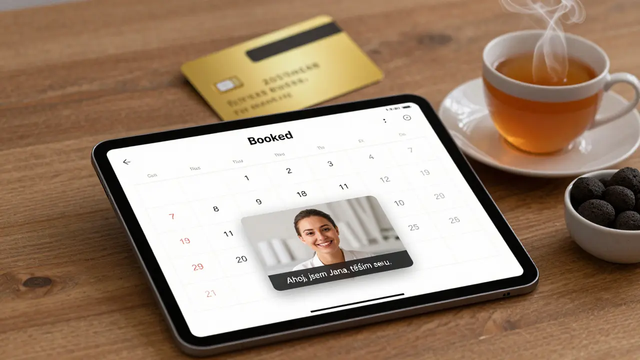 Digitální kalendář s osobním videem masérky a poukazem na masáž na dřevěné ploše.