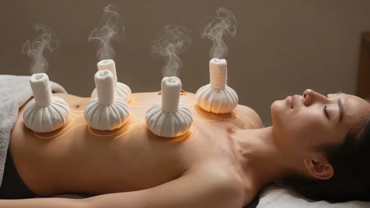 Horké žínky položené v řadě od nohou po hlavu, symbolizující aktivaci čakr.