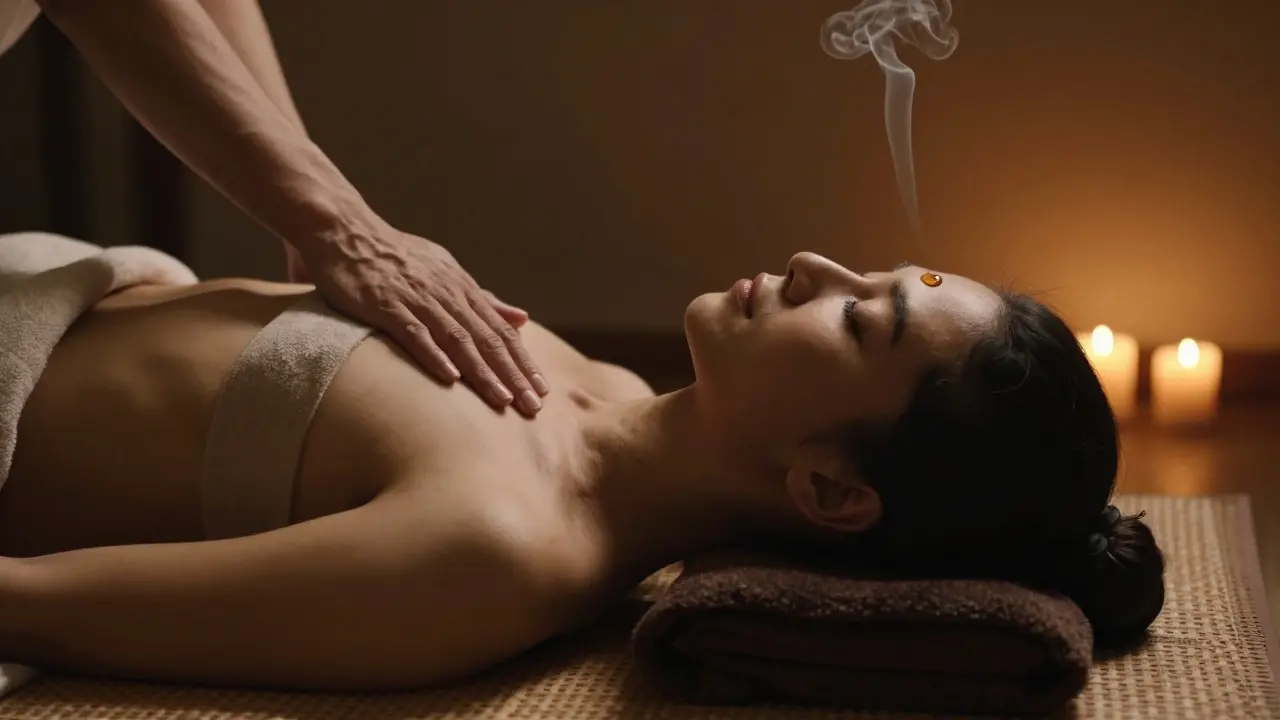 Klient po masáži v klidu, s olejem na čele a svíčkami kolem.