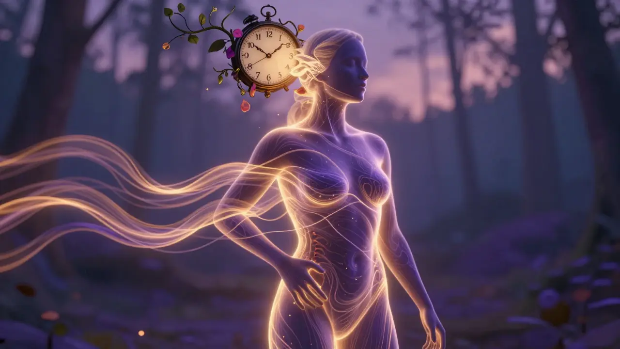 Kontur člověka vyplněná teplými vlnami energie, symbolizující uvolnění napětí v těle, za ním tichá příroda a roztavený čas.