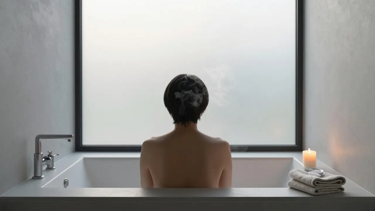 Minimální koupelna s jednou svíčkou a přírodní solí, osoba klidně sedí ve vaně v ranním světle.