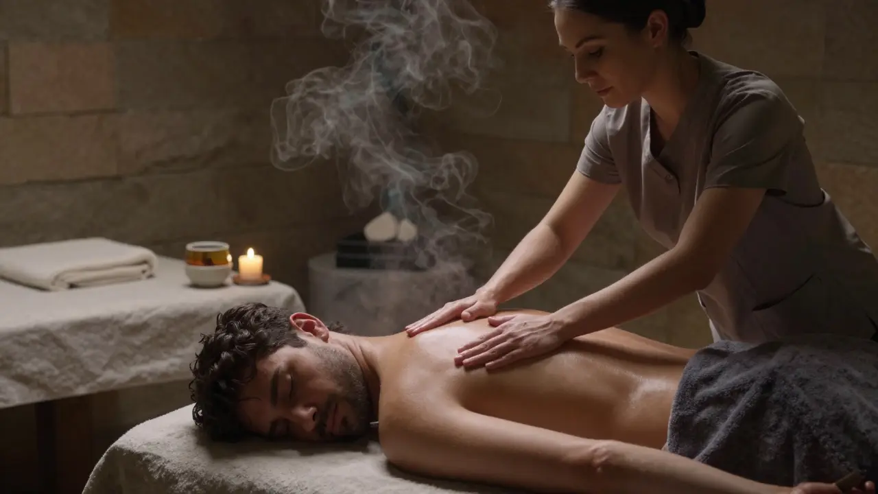 Muž si užívá tantrickou masáž v klidné spa místnosti s aromaterapií a tepelnými kameny.