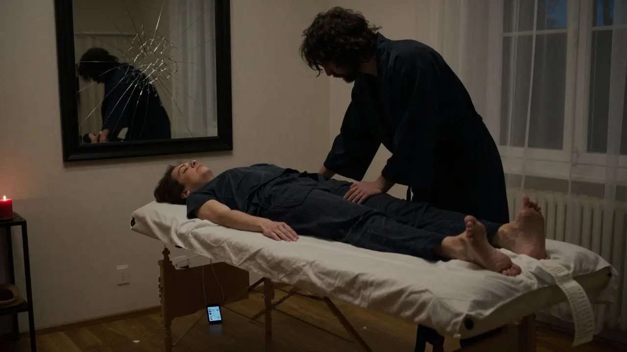 Nelegální masážní studio s příznaky podvodu a porušení souhlasu.