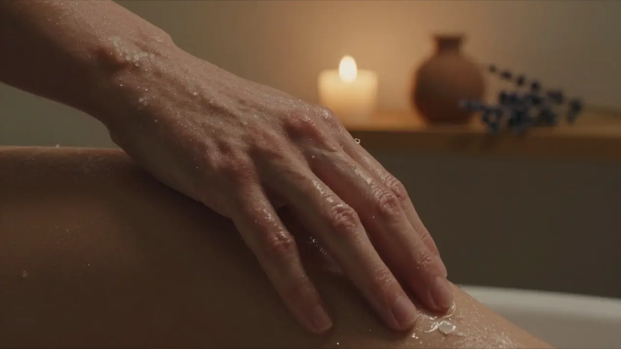 Ruka dotýkající se mokré kůže pod vodou, s jemnými krystalky soli a teplým světlem.