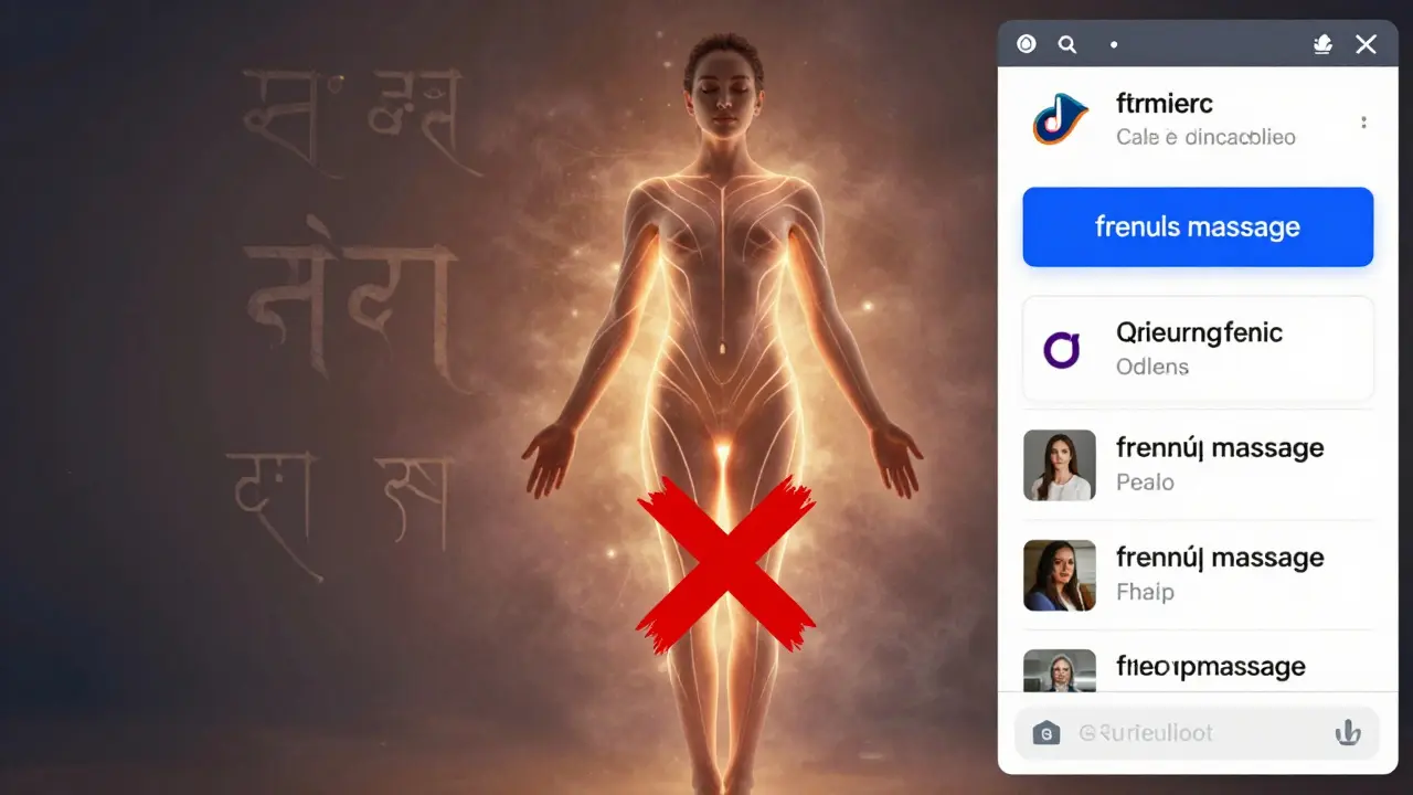 Symbolic image contrasting ancient tantric symbols with modern commercial ads over a genital area marked with a red X.