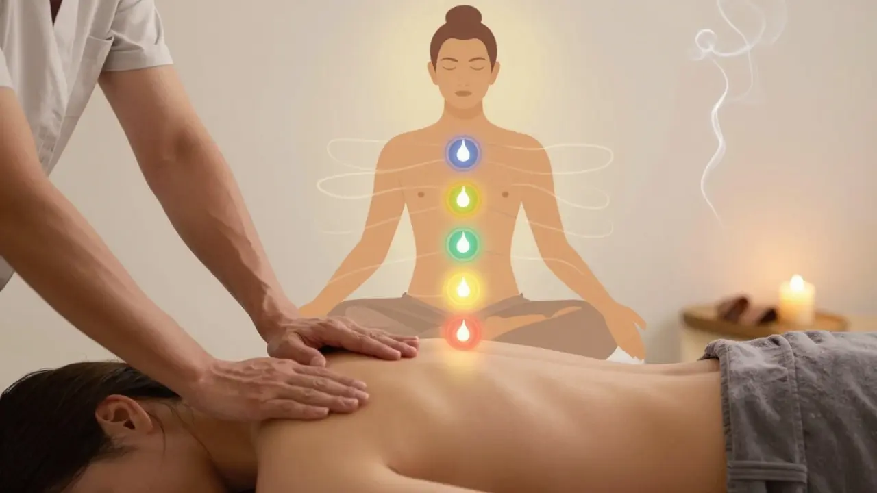 Tantrická masáž s aktivací sedmi čakr, synchronním dýcháním a reflexní prací na nohou.