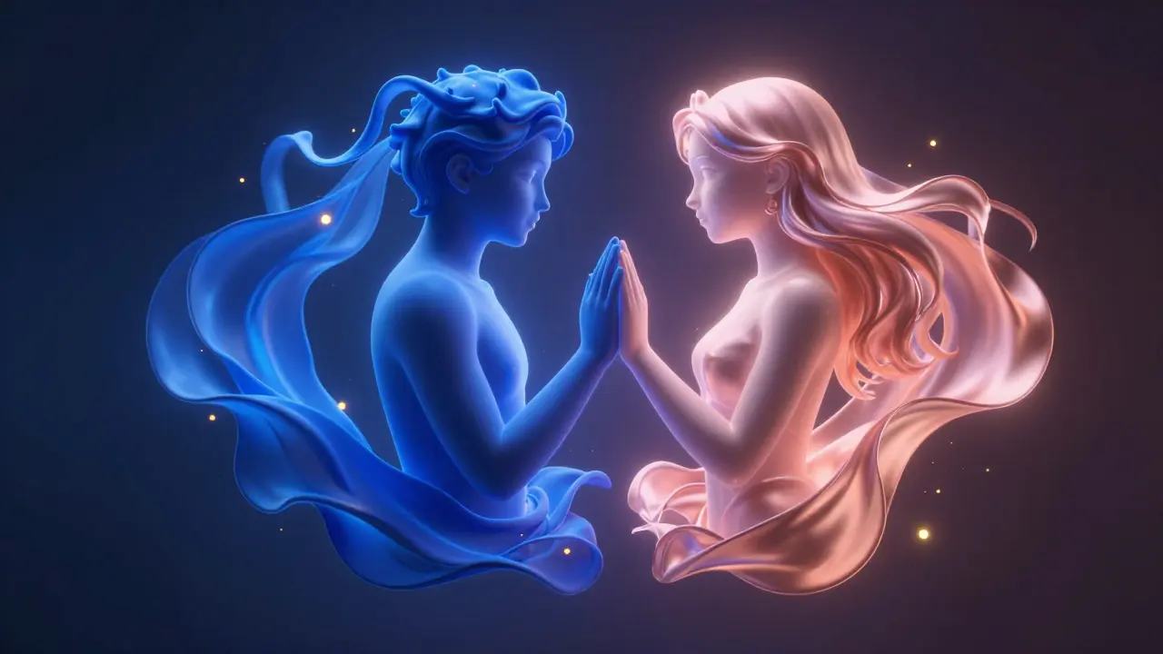 Abstraktní modré a zlaté energetické tvary symbolizující mužskou a ženskou tvořivou sílu.