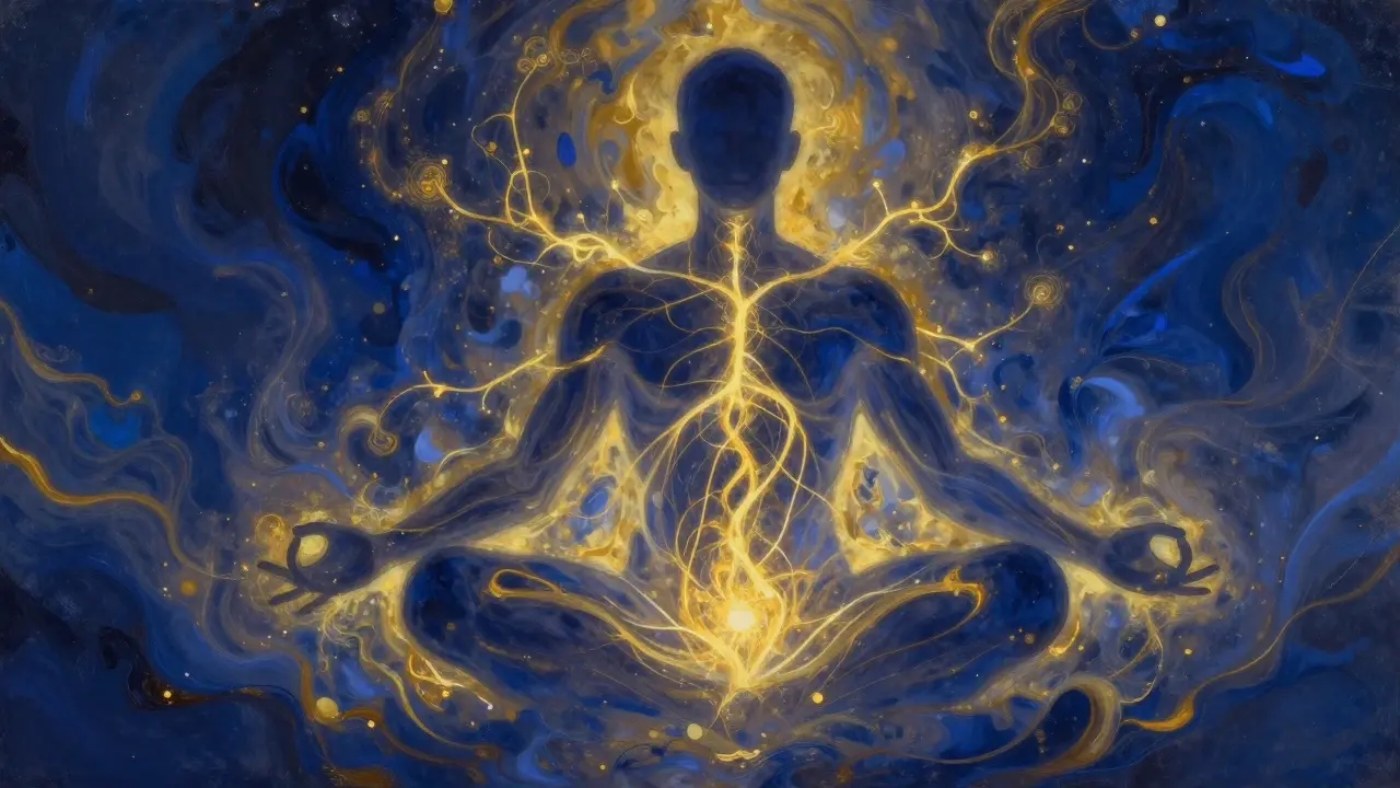 Abstraktní zobrazení zlaté energie proudící skrz mužské tělo během meditace.