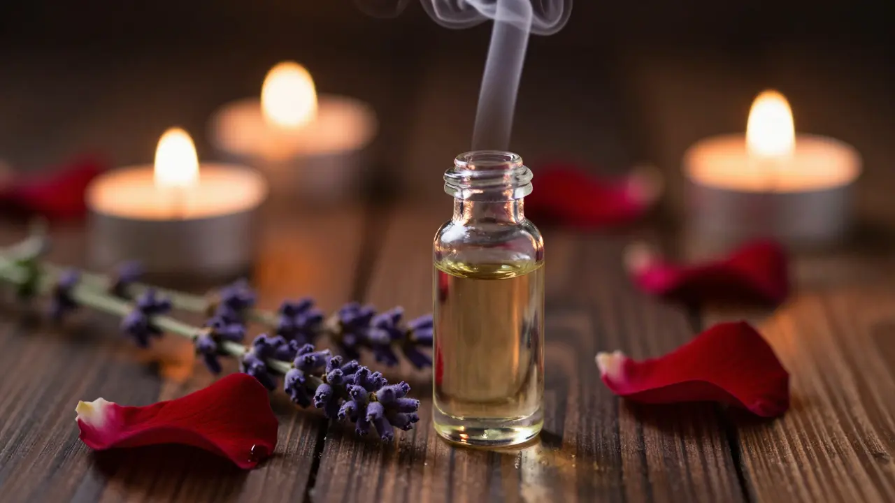 Detail esenciálního oleje, levandule a růžového lístku při tlumeném svíčenném světle.